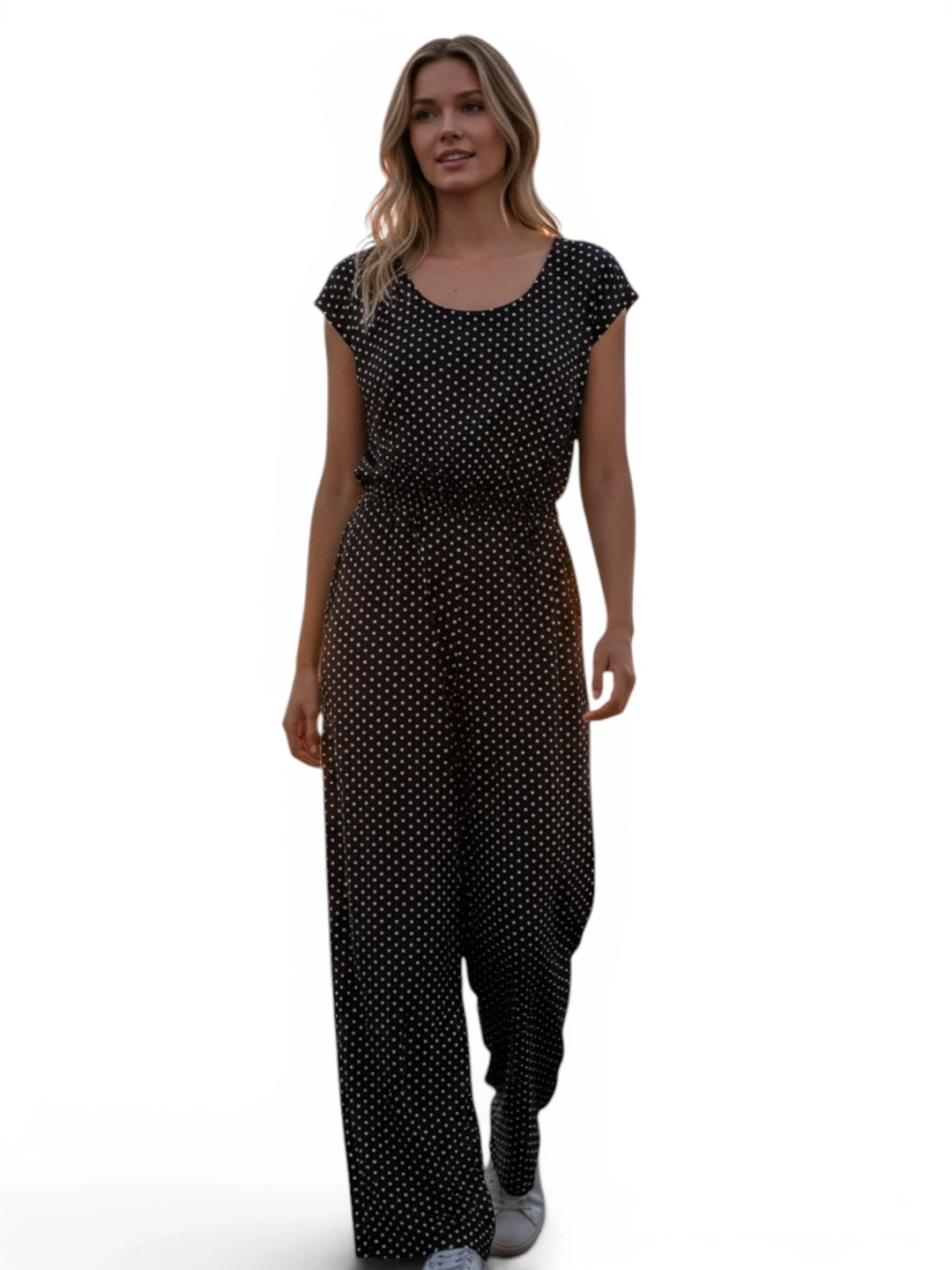 Black polka dot jumpsuit with wide legs