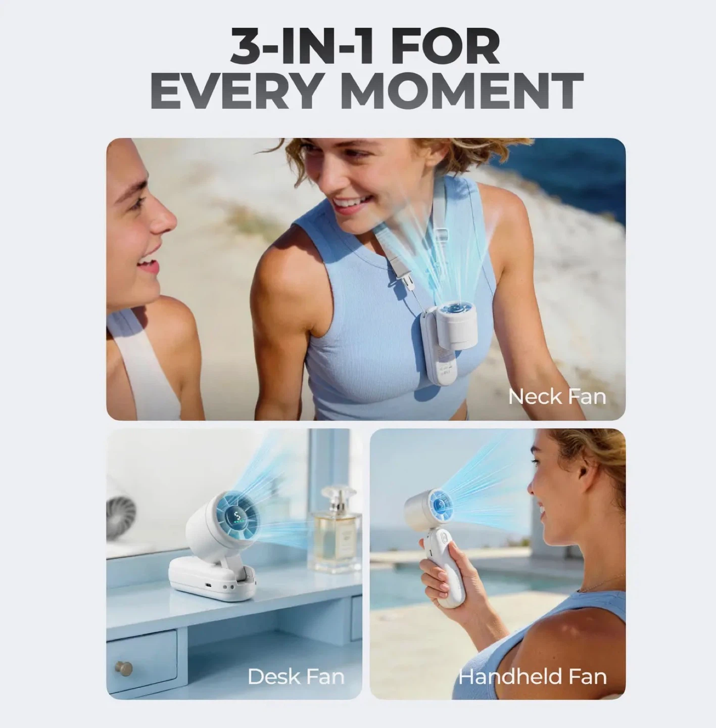 DiveBlues 3-in-1 Neck, Desk, Handheld Fan - White