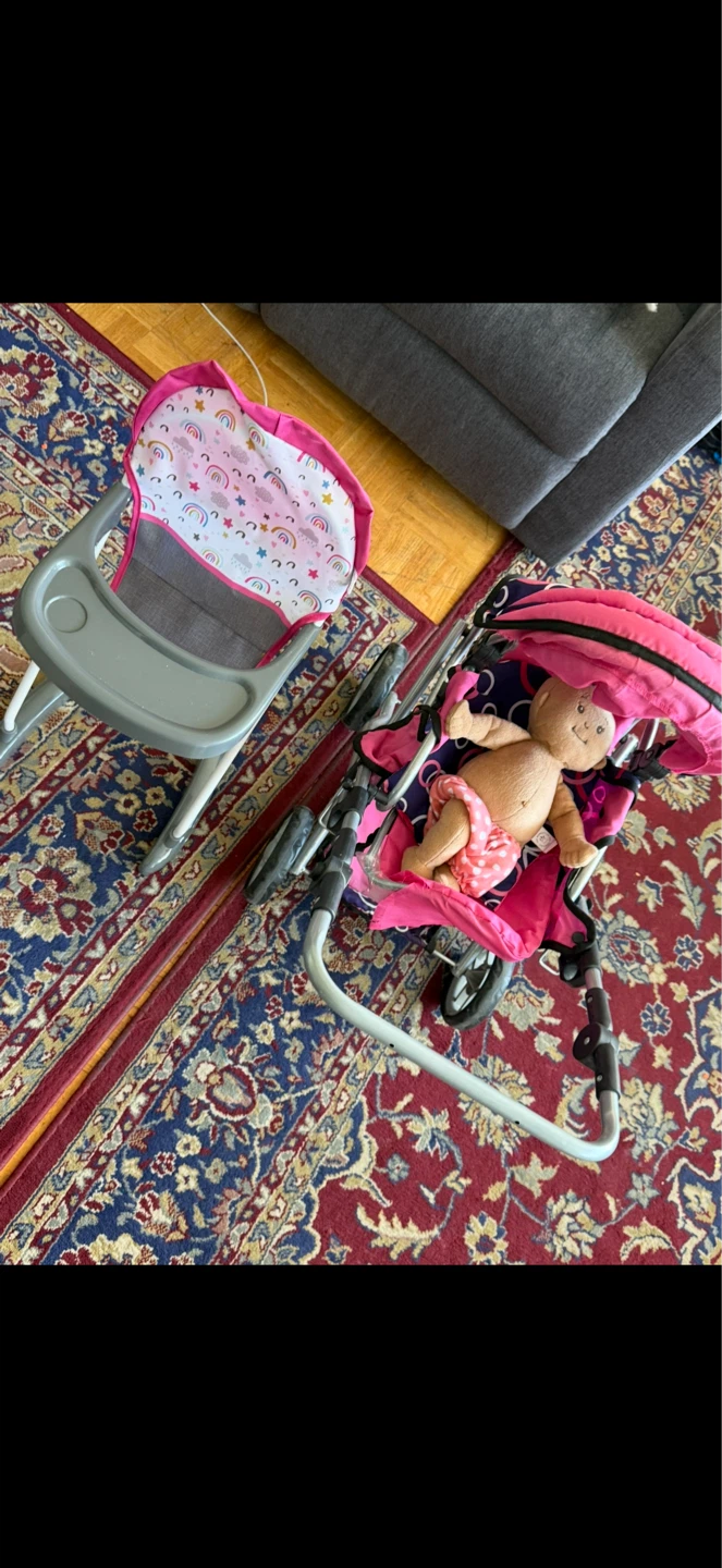 Doll stroller and high chair set $35