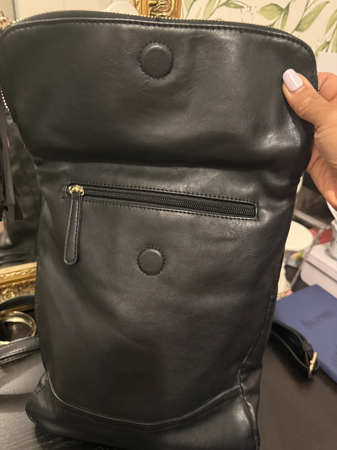 Black Faux Leather Foldover Backpack with Tassel - photo 2