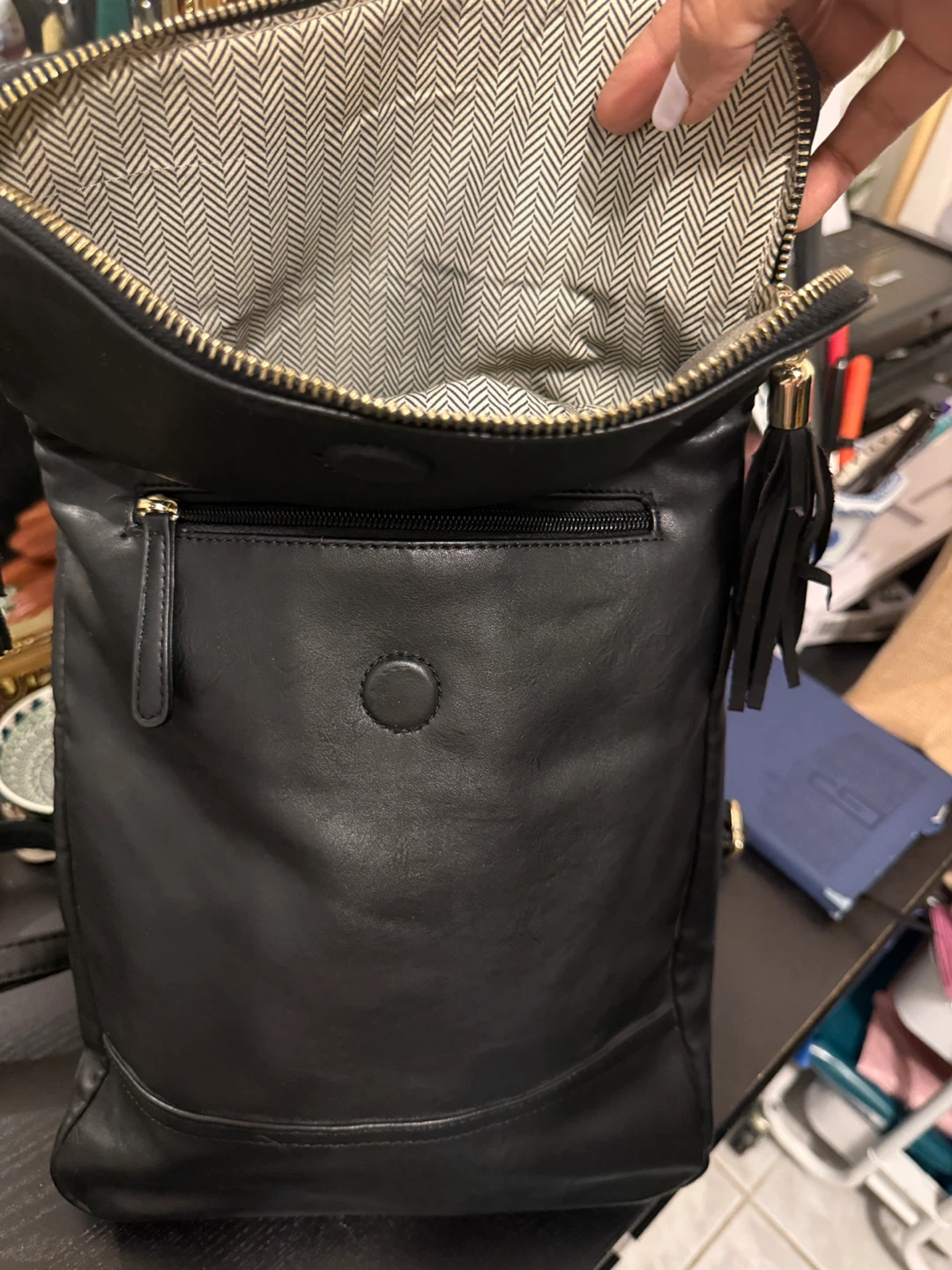 Black Faux Leather Foldover Backpack with Tassel - photo 3