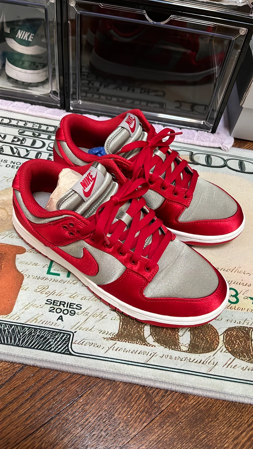 Nike Dunk Low Red and Silver Satin Sneakers