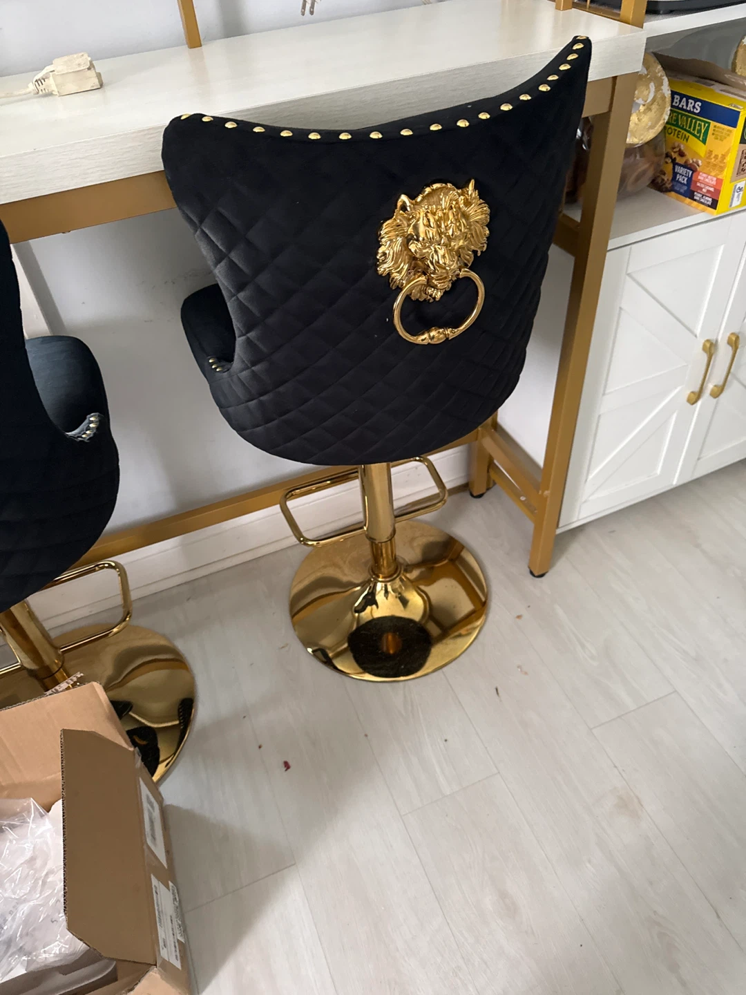Black Velvet Bar Stool with Gold Lion Head