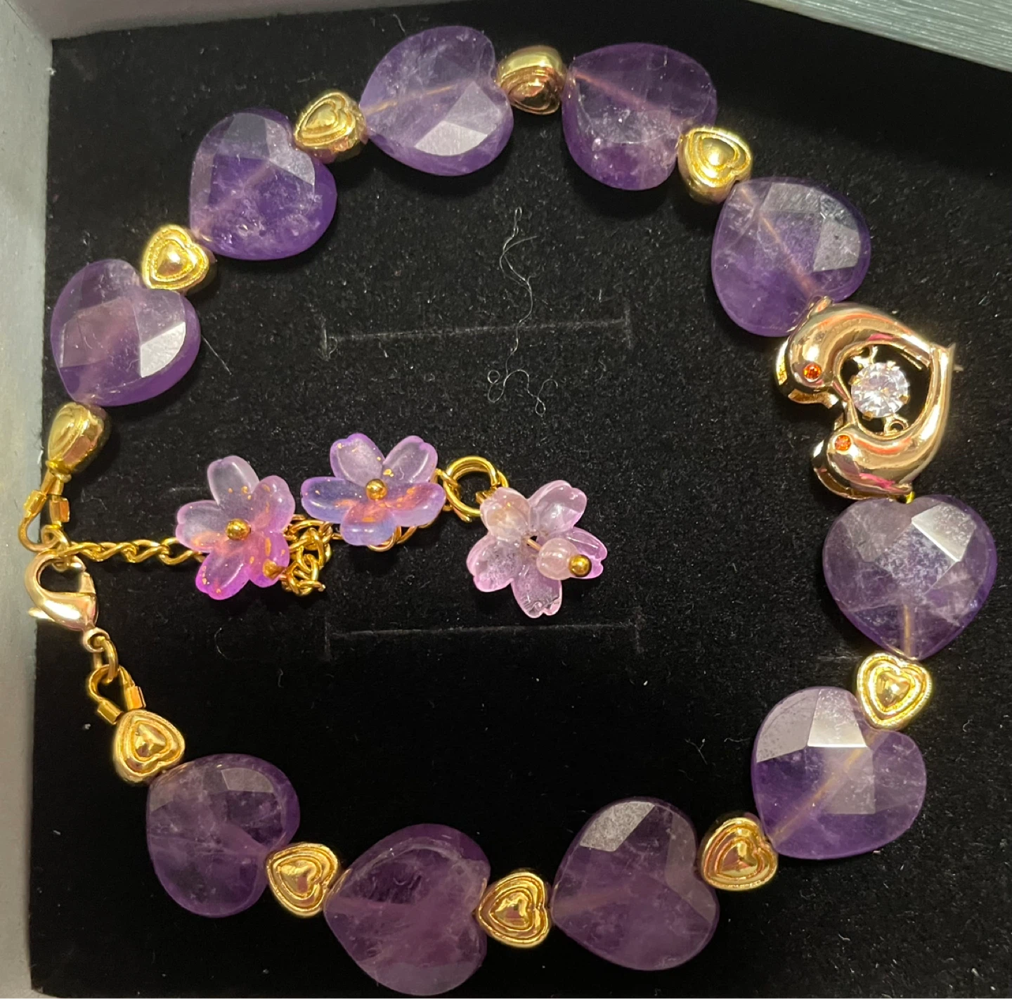 Amethyst Crystal Heart Bracelet with Flower Dangles