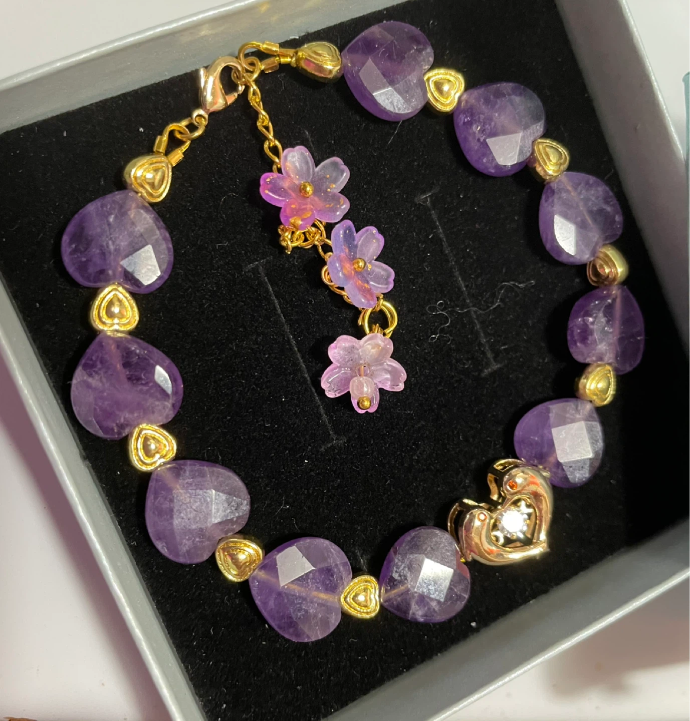 Amethyst Crystal Heart Bracelet with Flower Dangles - photo 2