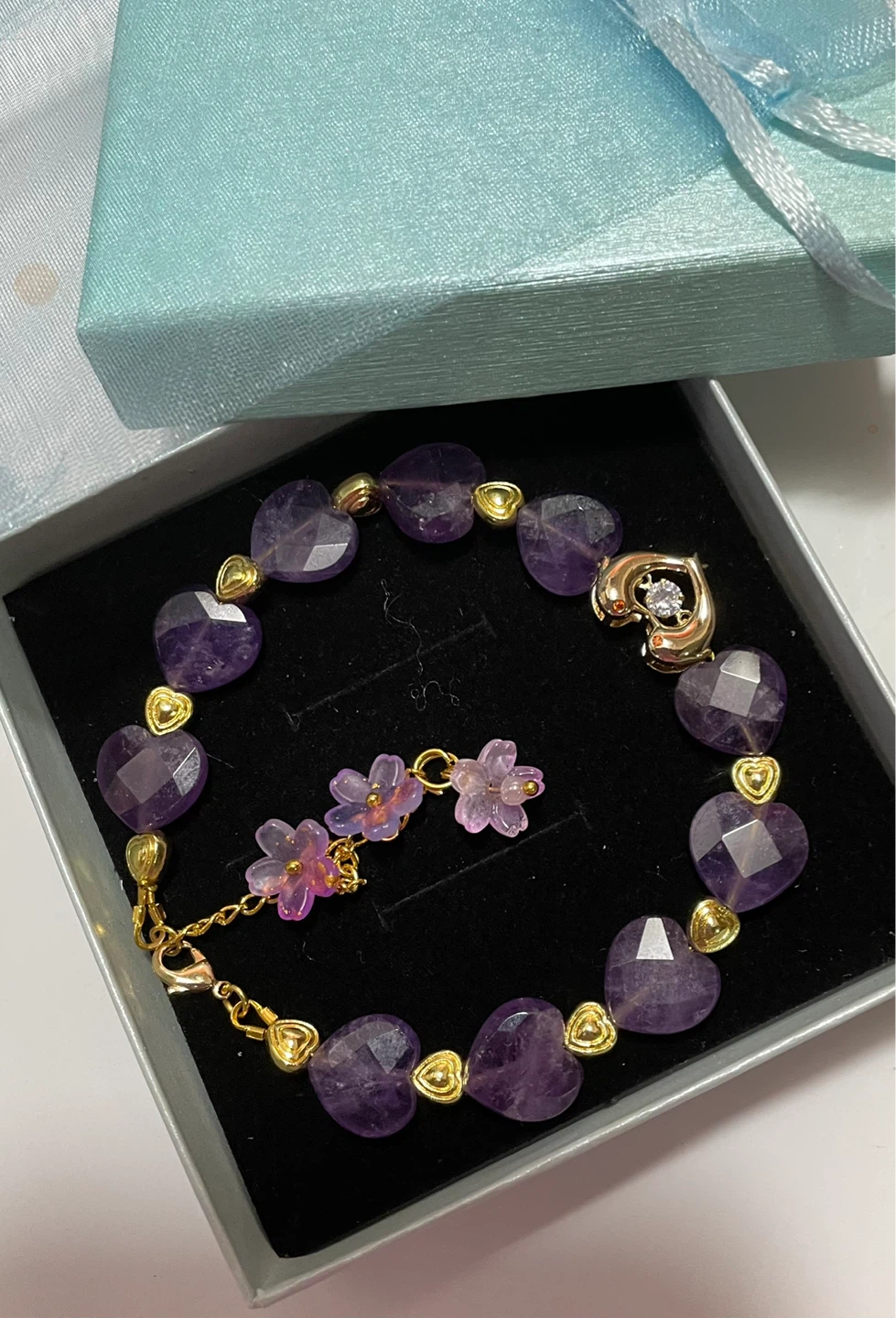 Amethyst Crystal Heart Bracelet with Flower Dangles - photo 3