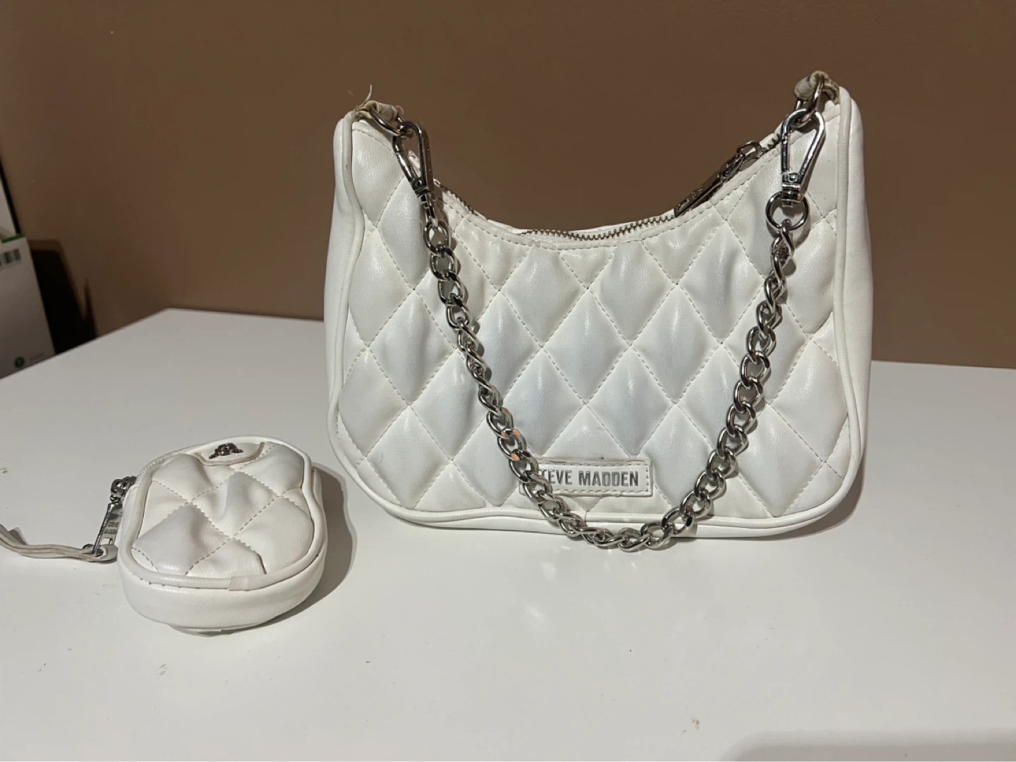 Steve Madden White Quilted Shoulder Bag with Coin Pouch
