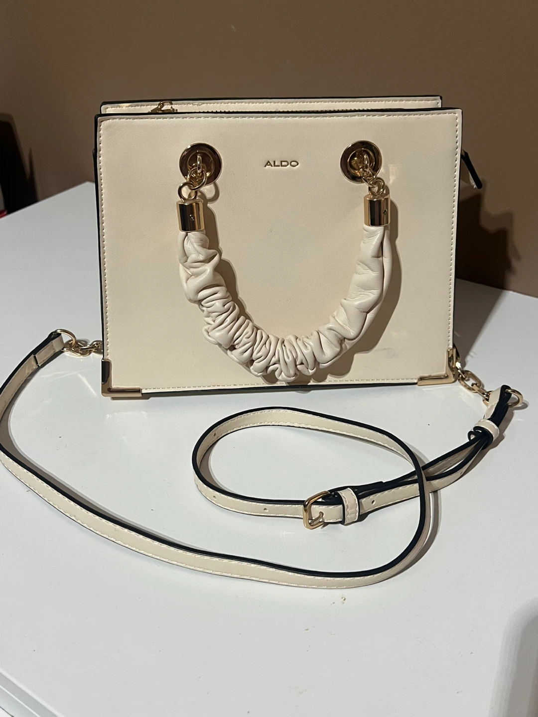 Aldo Cream Ruched Handle Top Handle Bag with Crossbody Strap