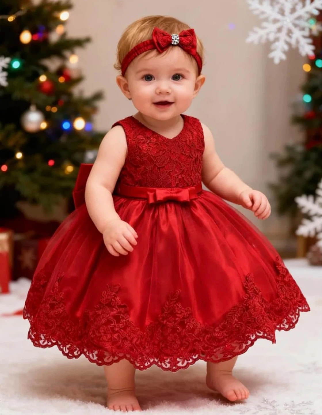 Girls Red Lace Dress with Bow and Headband - photo 4
