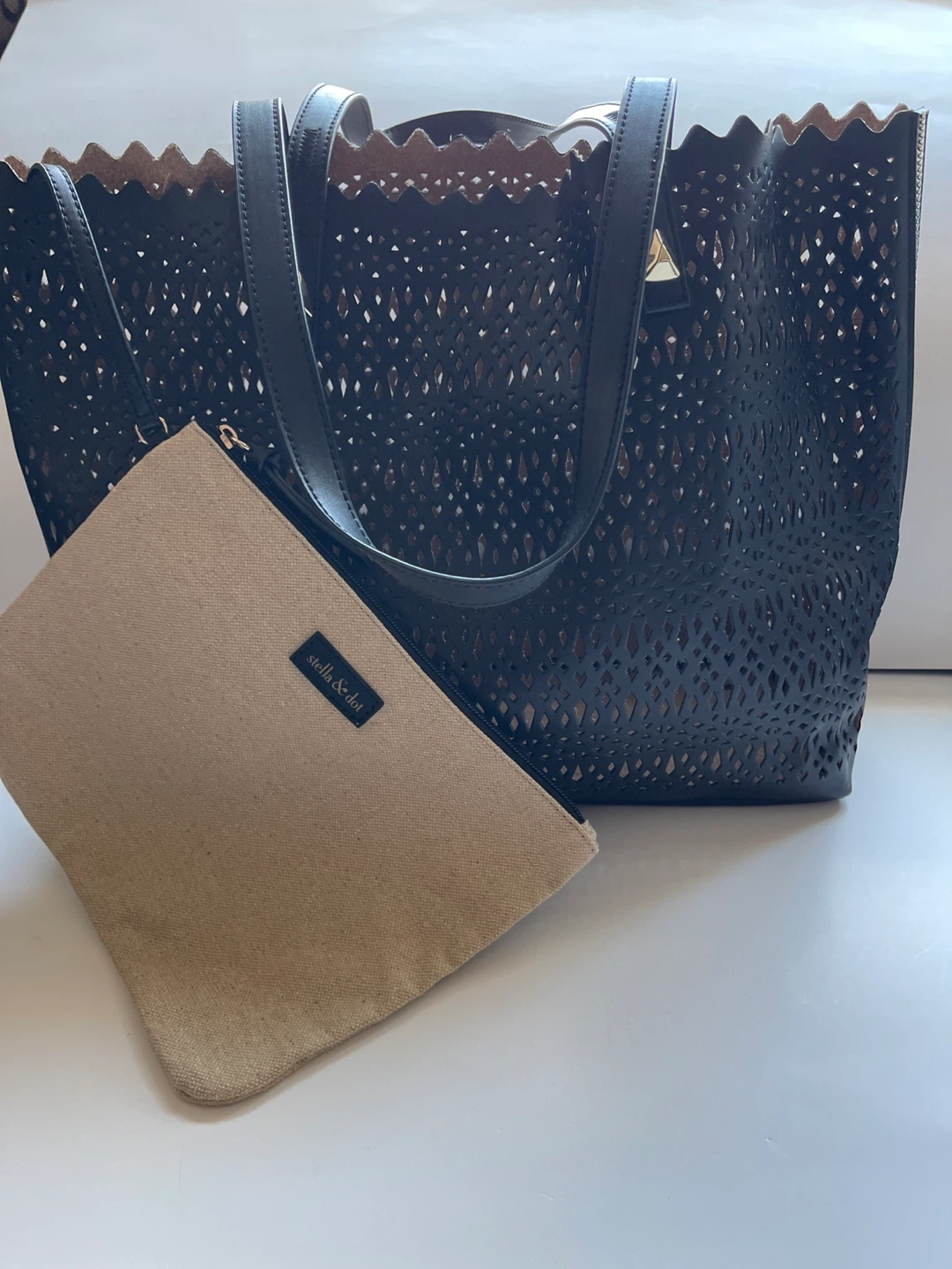 Stella & Dot Black Laser-Cut Tote Bag with Pouch