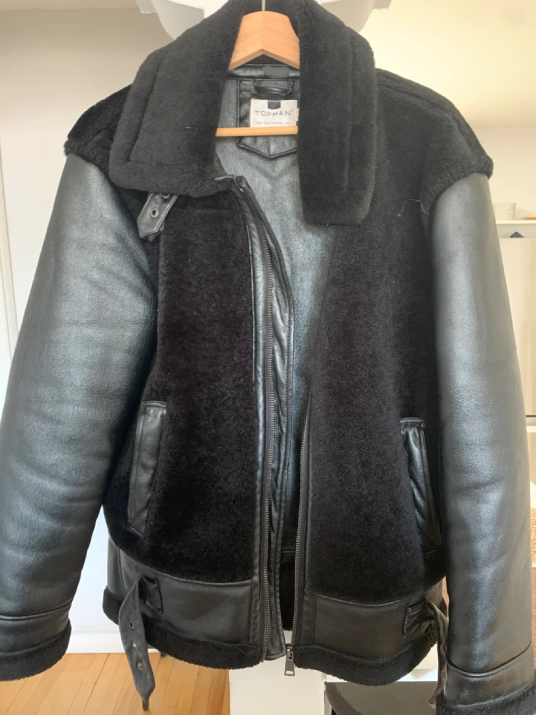 Topman Black Faux Shearling & Faux Leather Aviator Jacket