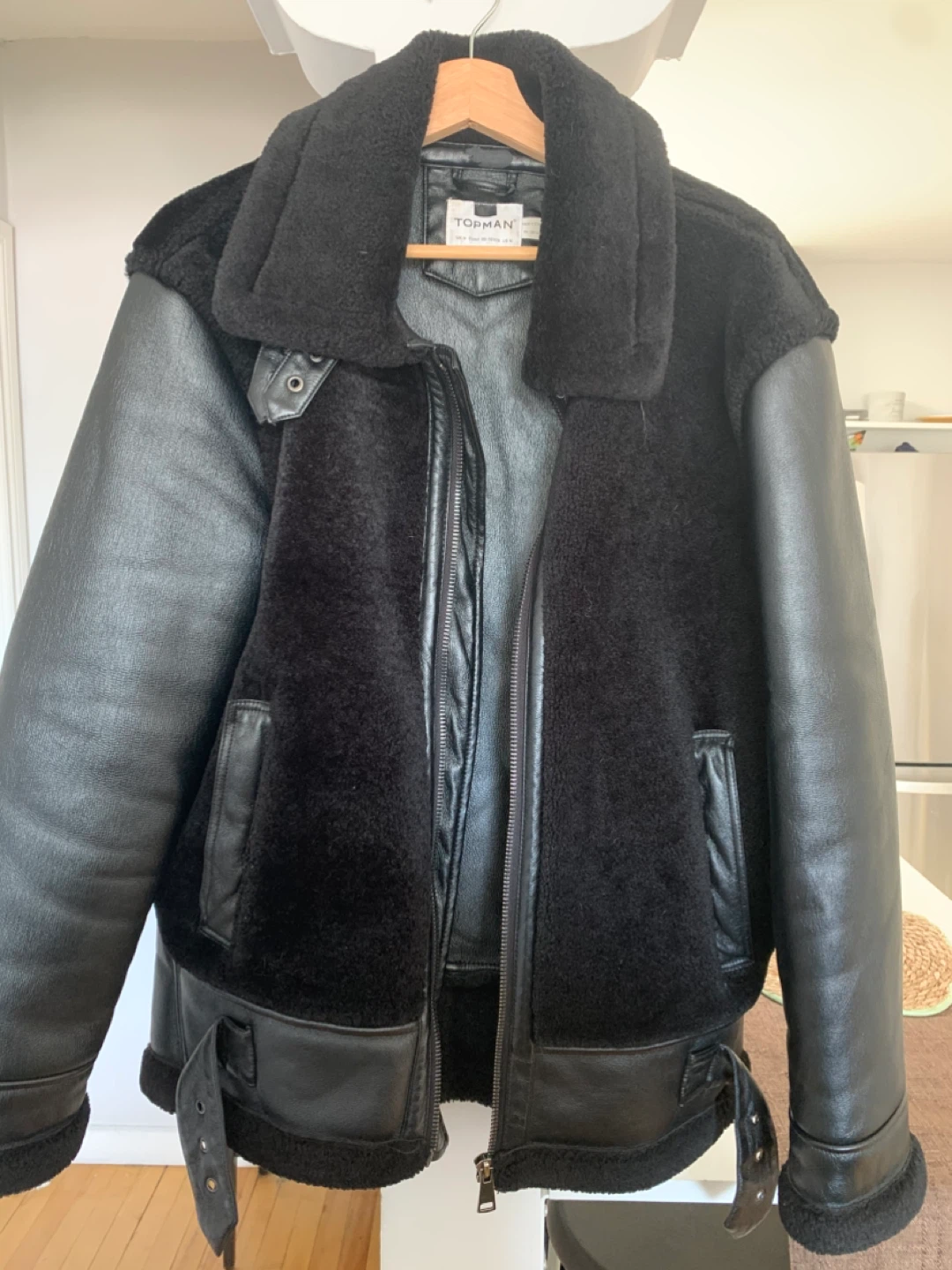 Topman Black Faux Shearling & Faux Leather Aviator Jacket - photo 2