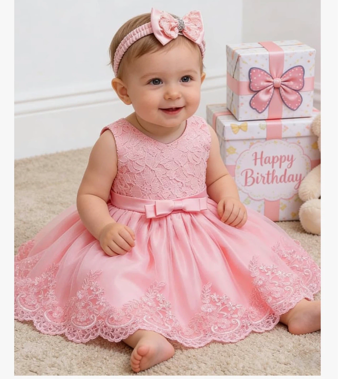 Pink Baby Dress with Lace and Bow - photo 4