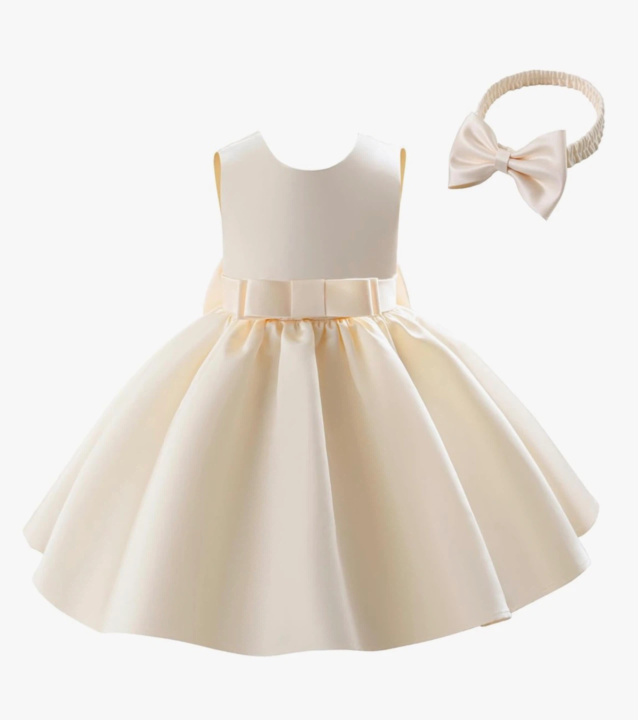 Cream Satin Dress with Big Bow and Headband - Baby Girl - photo 2