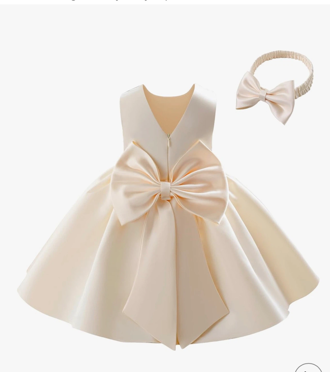 Cream Satin Dress with Big Bow and Headband - Baby Girl