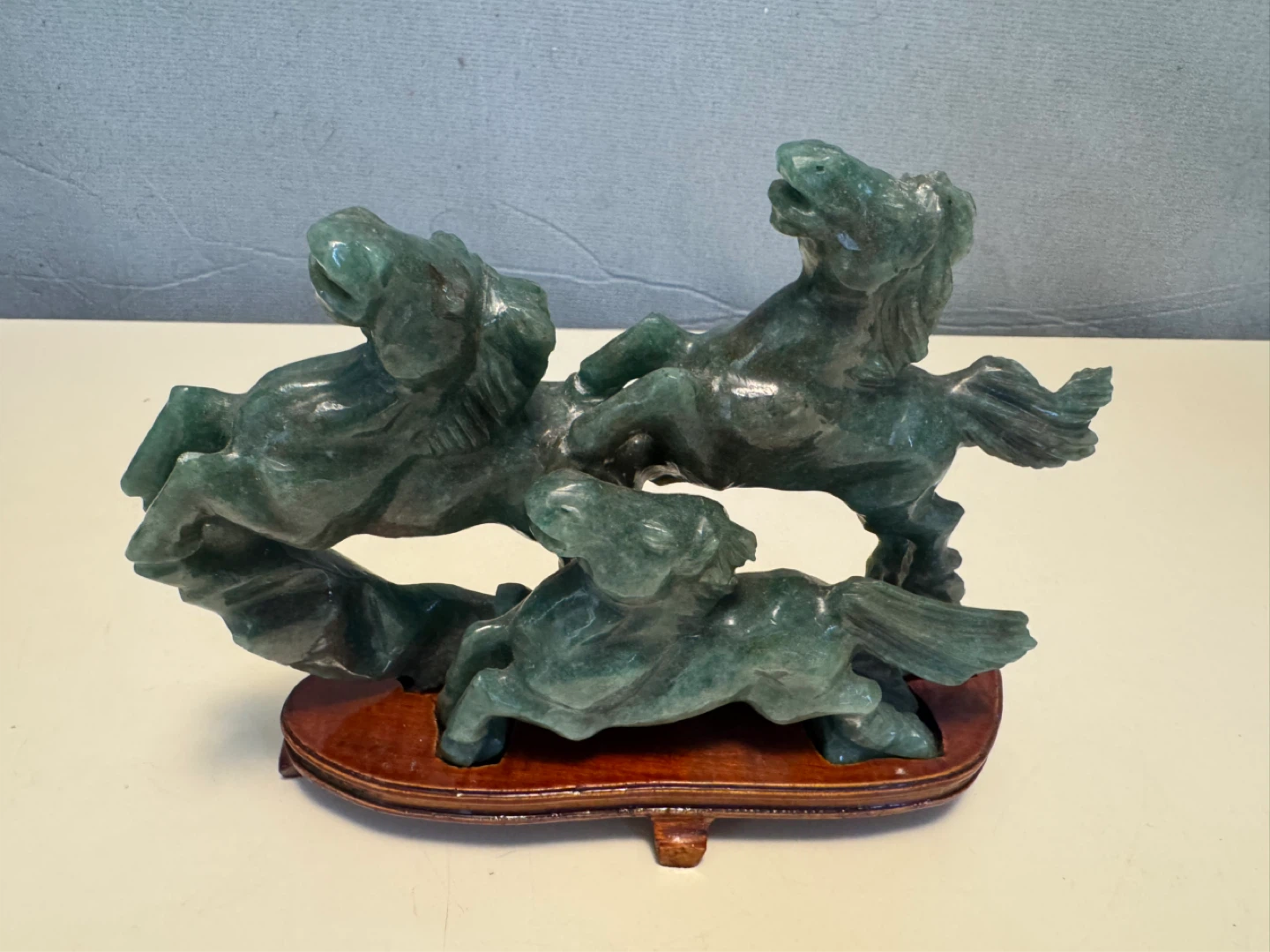 Jade Carved Horses Sculpture on Wooden Base