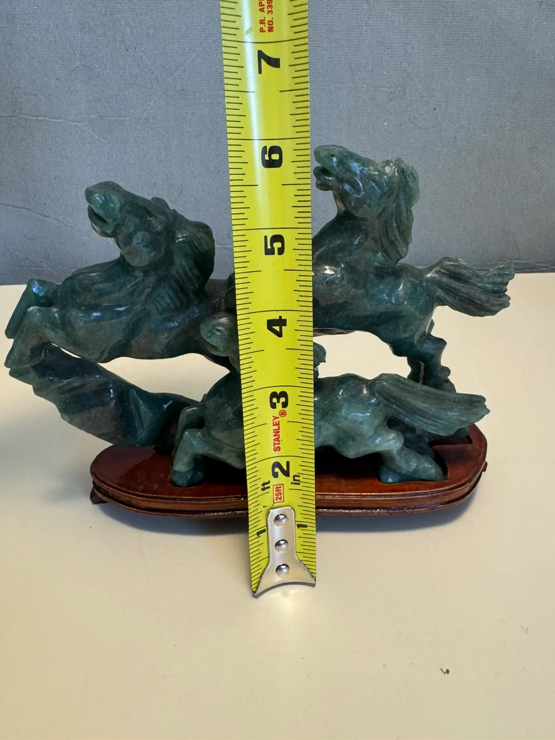 Jade Carved Horses Sculpture on Wooden Base - photo 4