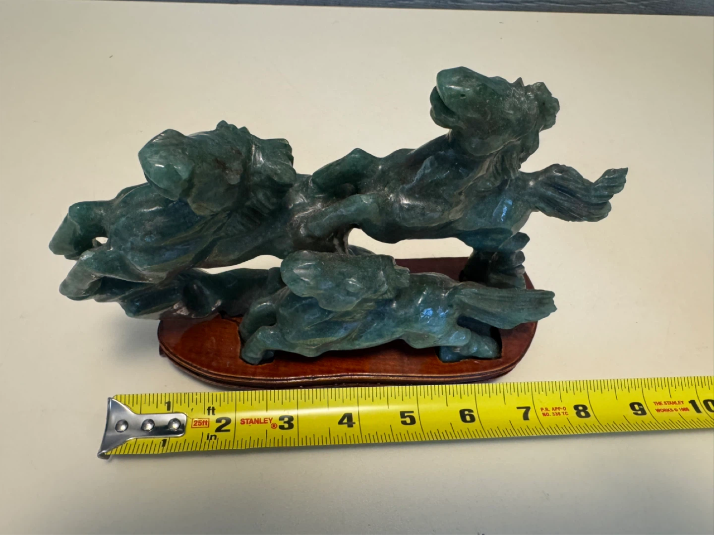 Jade Carved Horses Sculpture on Wooden Base - photo 3