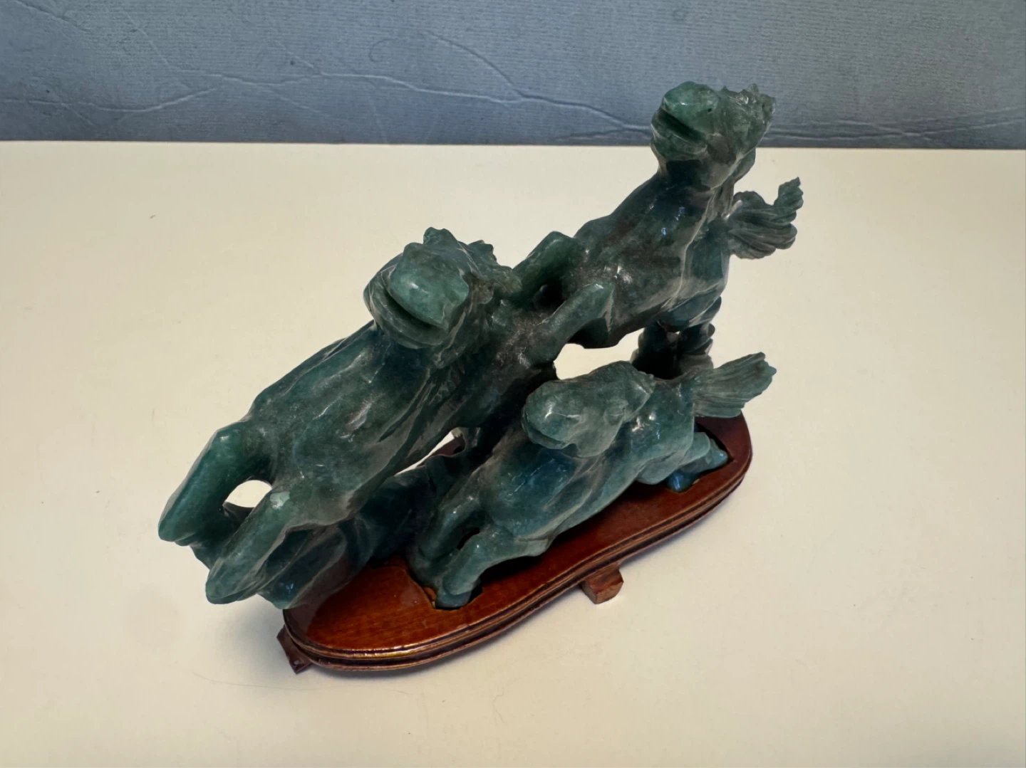 Jade Carved Horses Sculpture on Wooden Base - photo 2