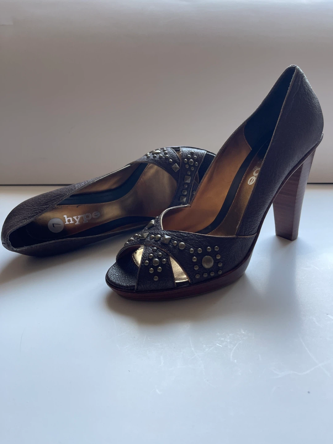 Brown Studded Peep-Toe Heels
