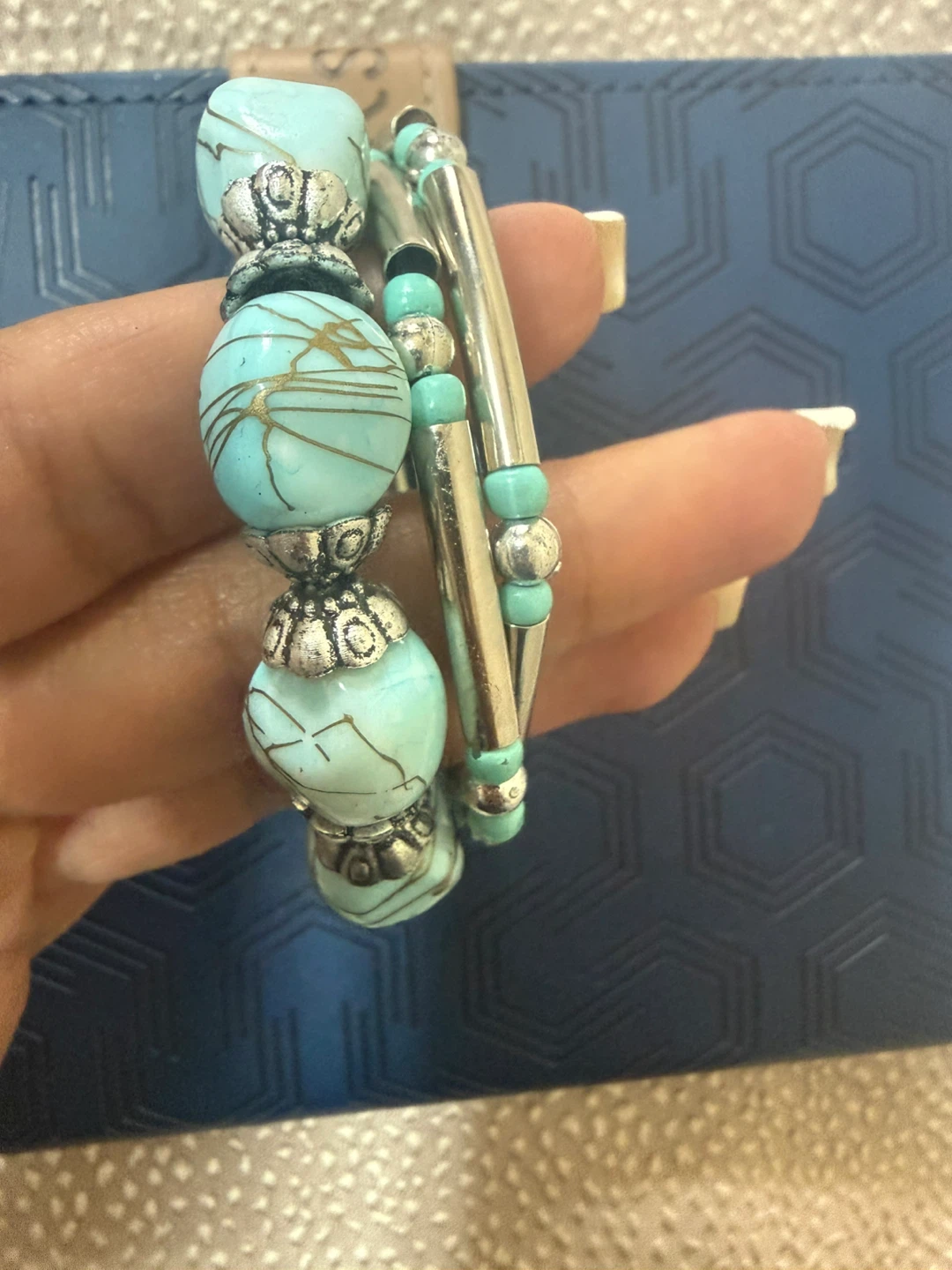 Turquoise and Silver Beaded Coil Bracelet- - photo 2