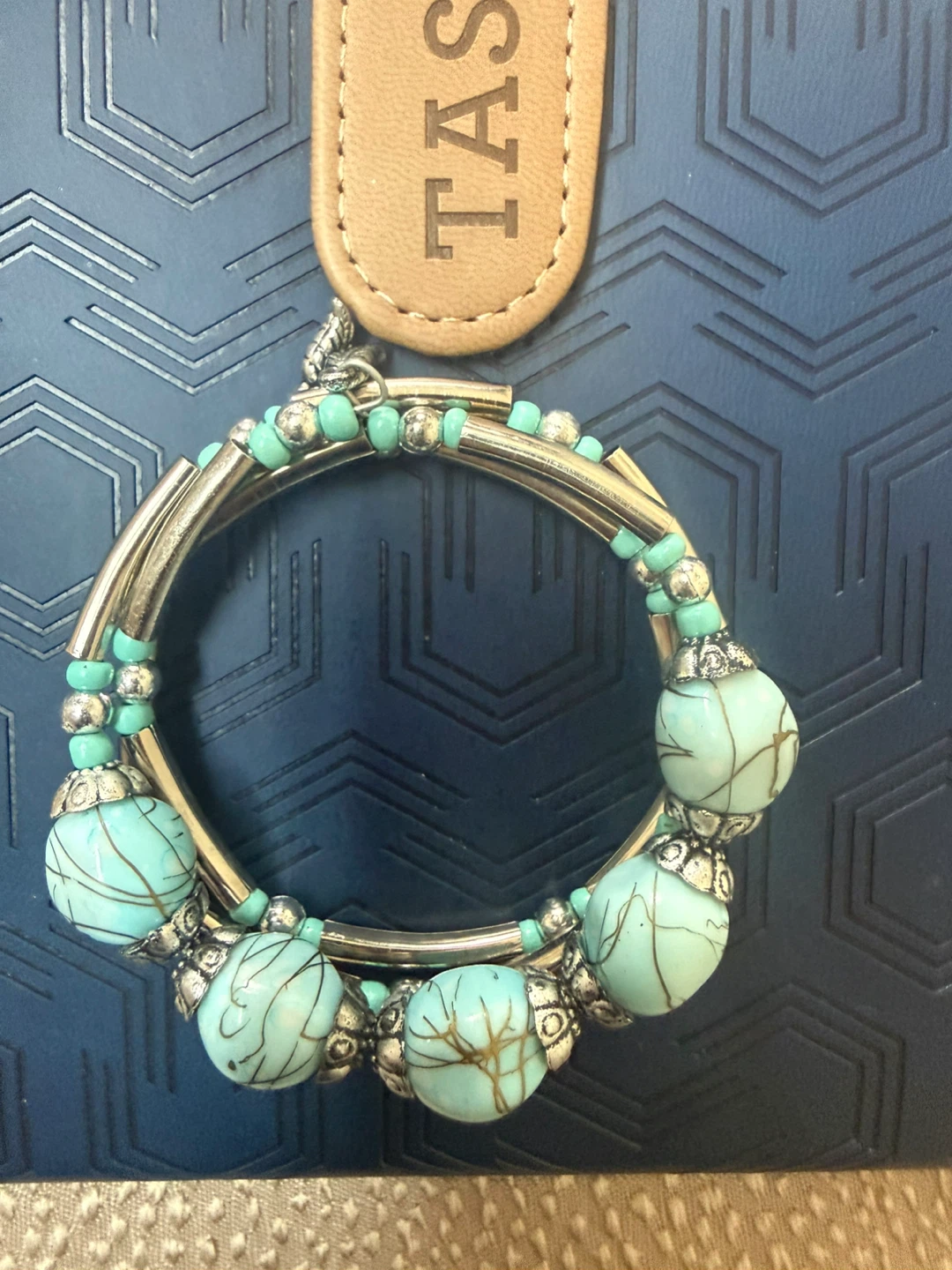 Turquoise and Silver Beaded Coil Bracelet-