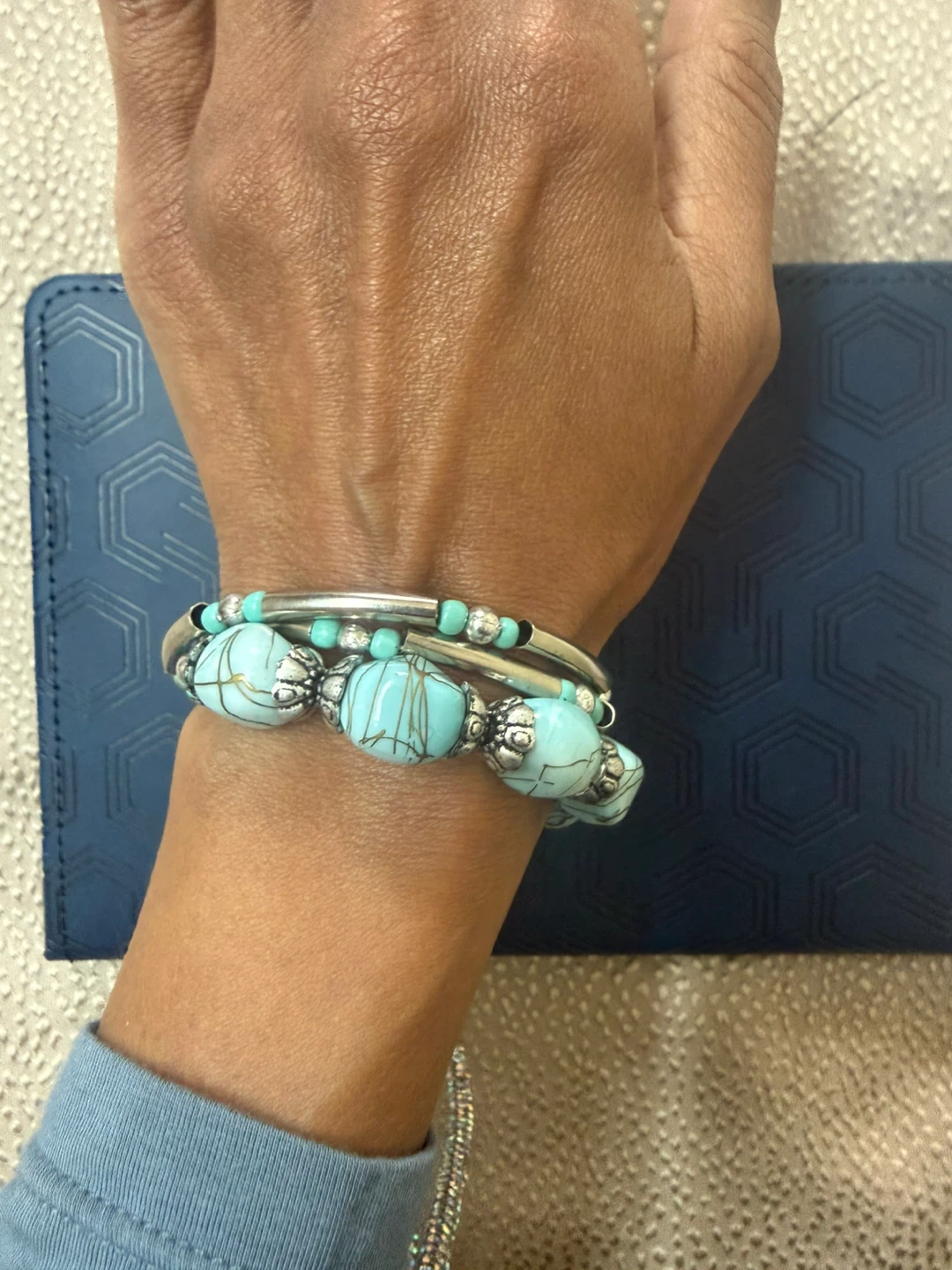 Turquoise and Silver Beaded Coil Bracelet- - photo 4