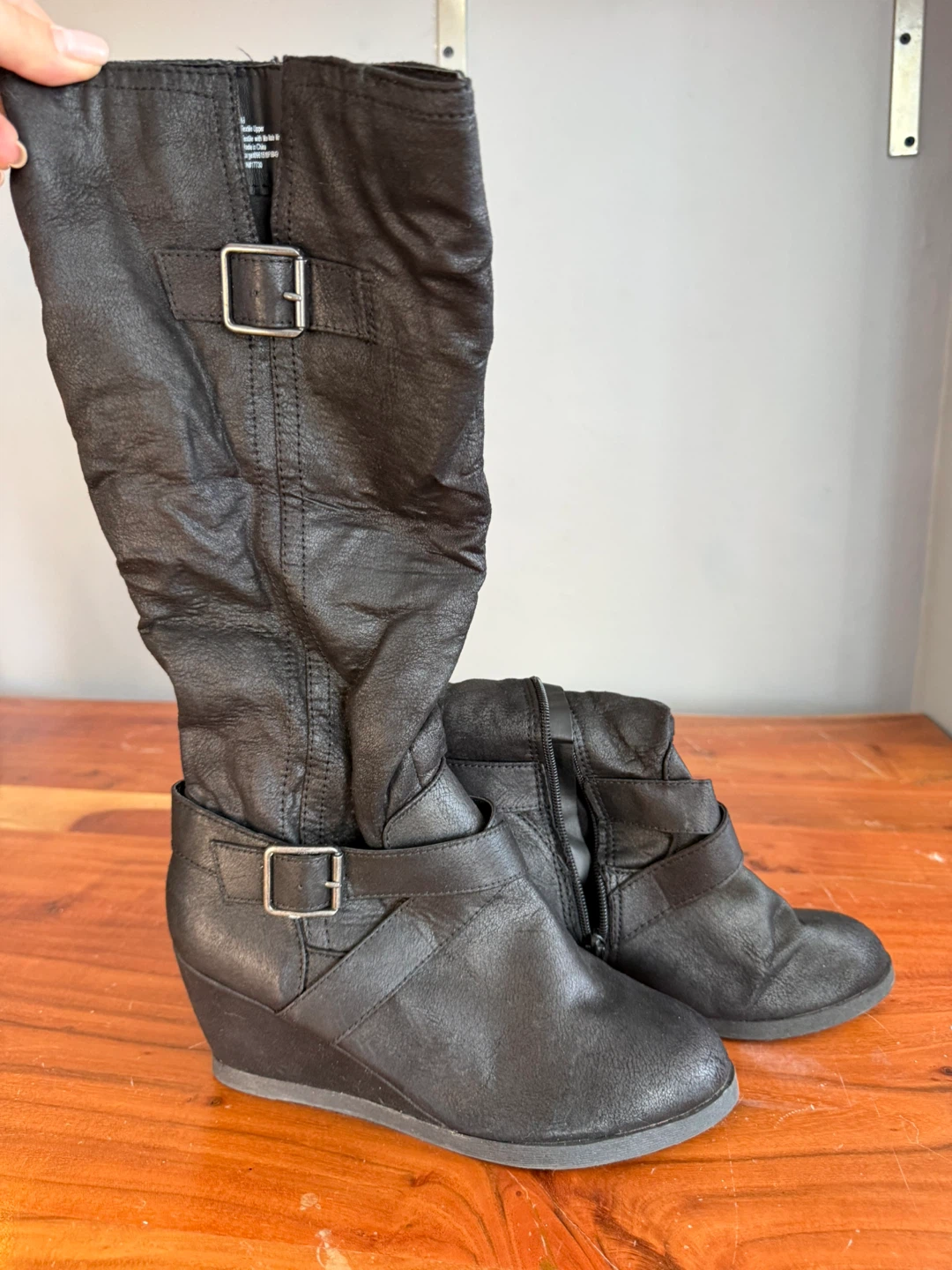 Black Knee-High Wedge Boots with Buckle Detail - photo 4