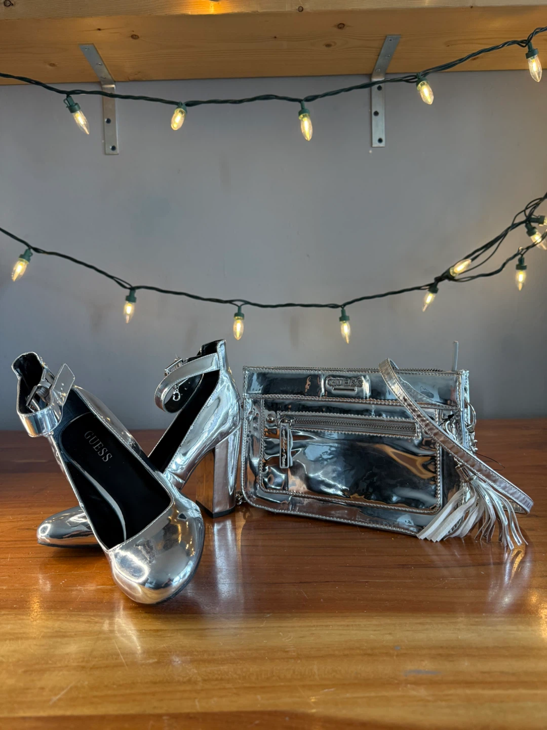 Guess Silver Heels and Matching Purse Set