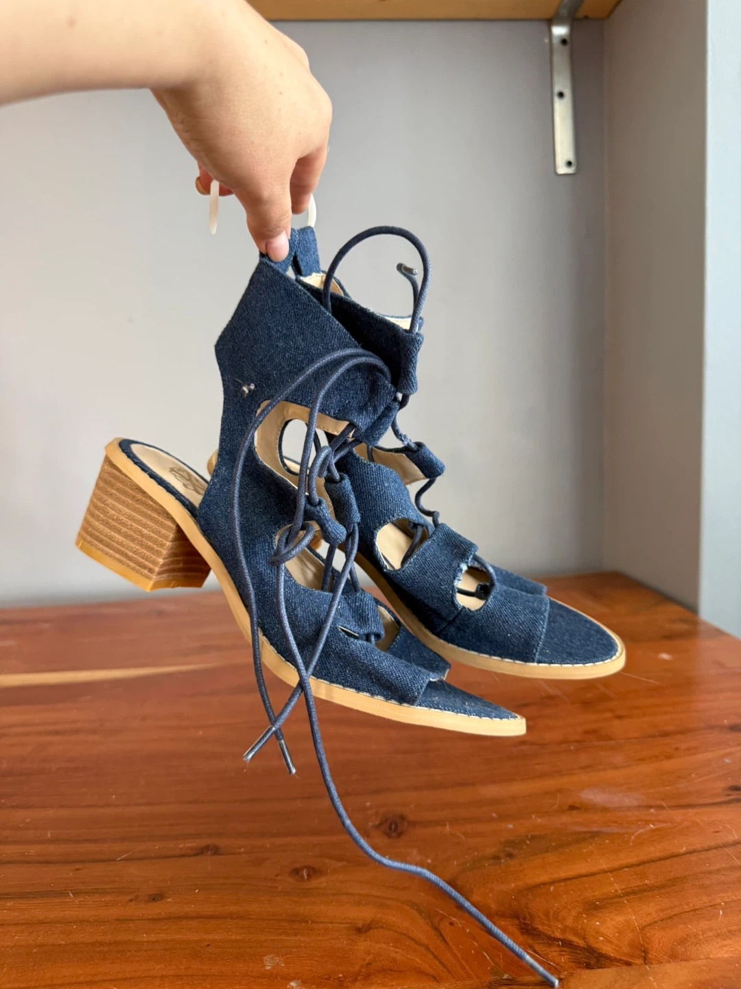 Blue Denim Lace-Up Block Heel Sandals