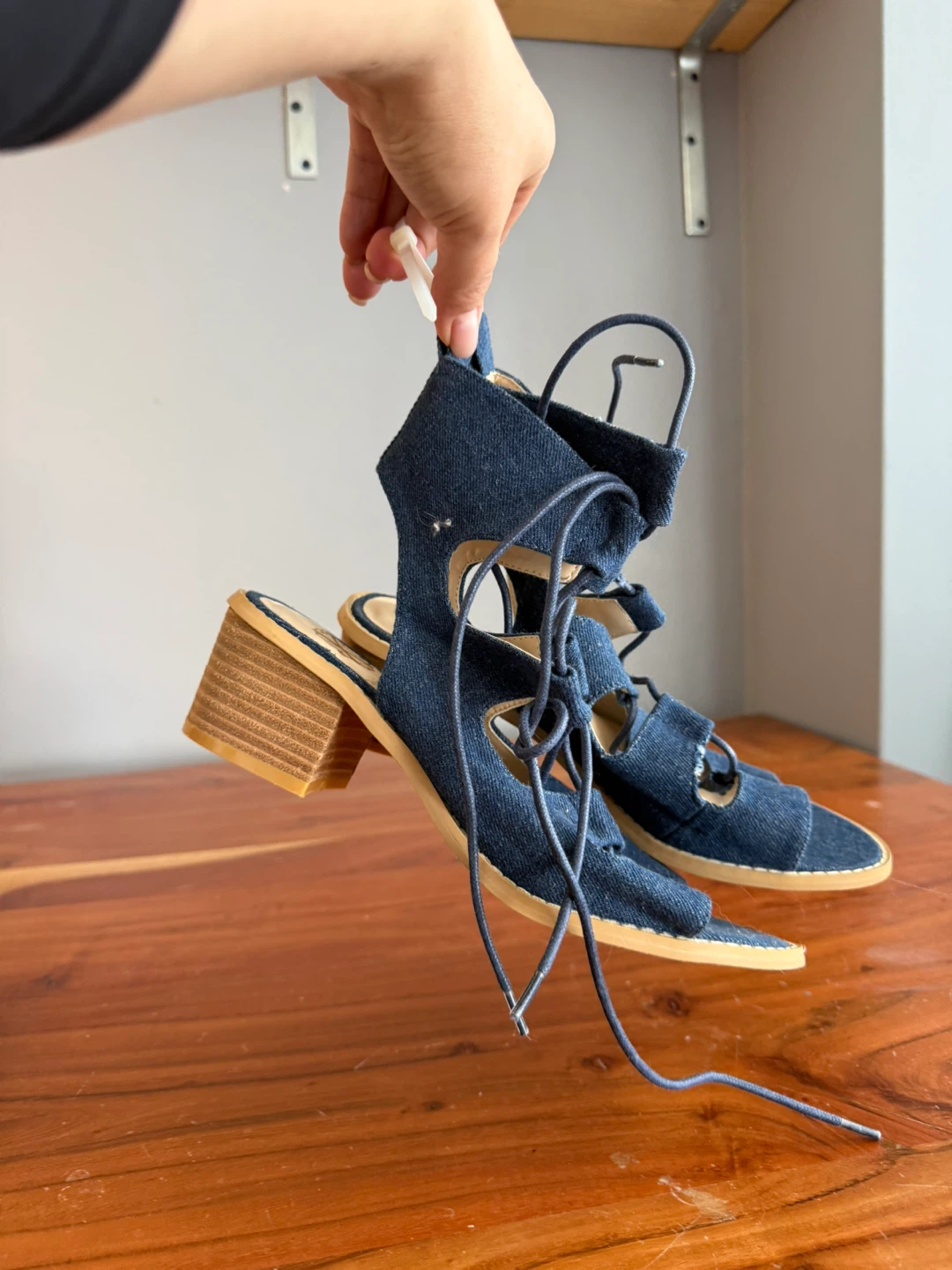 Blue Denim Lace-Up Block Heel Sandals - photo 2