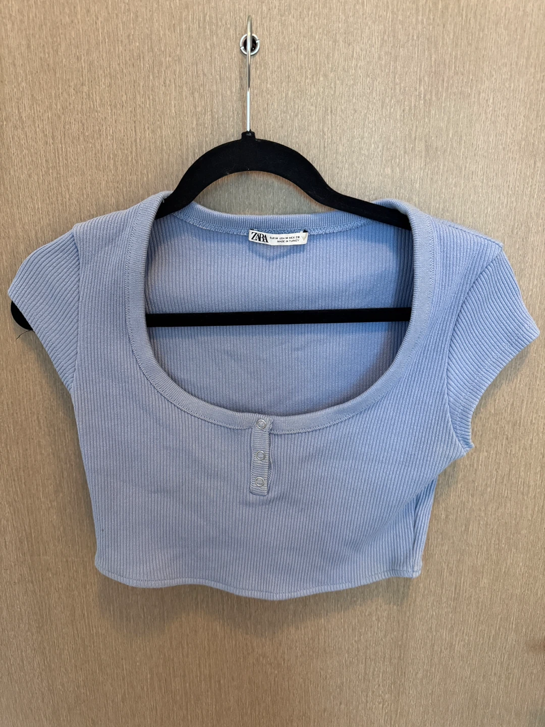 Zara Blue Ribbed Cropped Button-Up Top - Size M