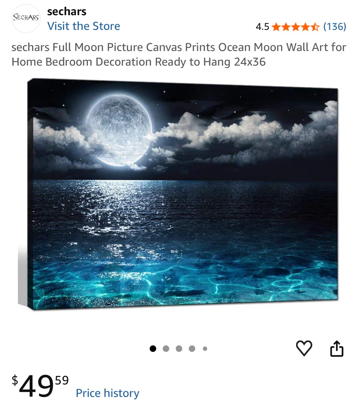 Full Moon Ocean Canvas Print Wall Art 24"x36" - photo 4