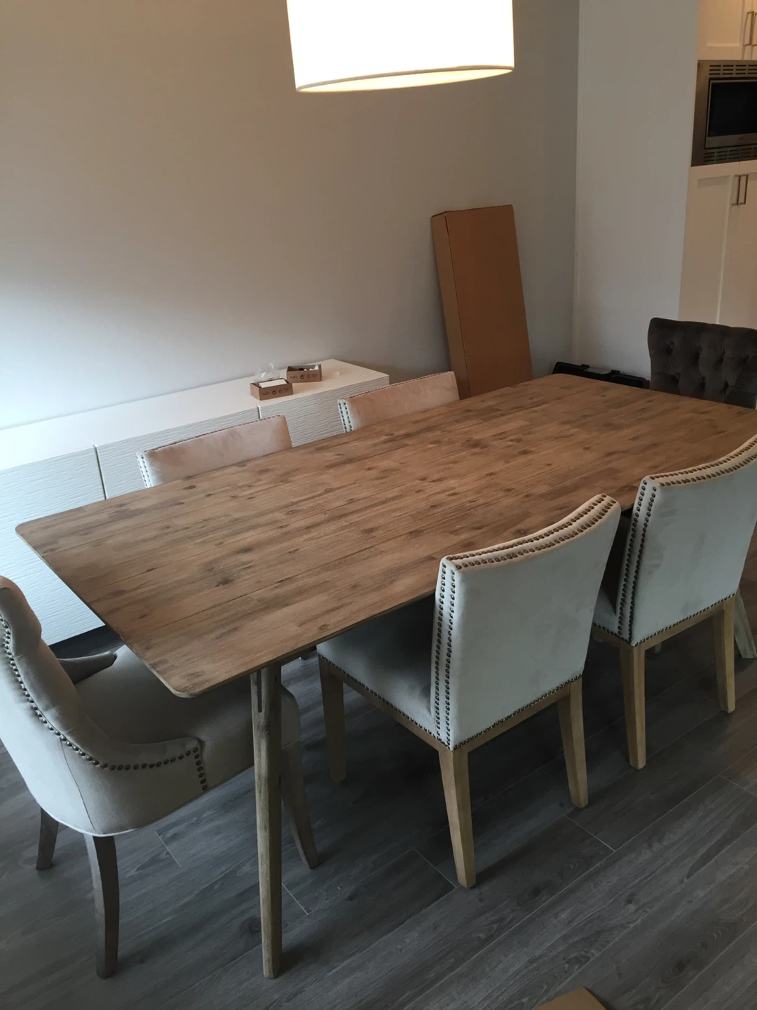 Wooden Dining table and Set of 4 Beige Upholstered Dining Chairs