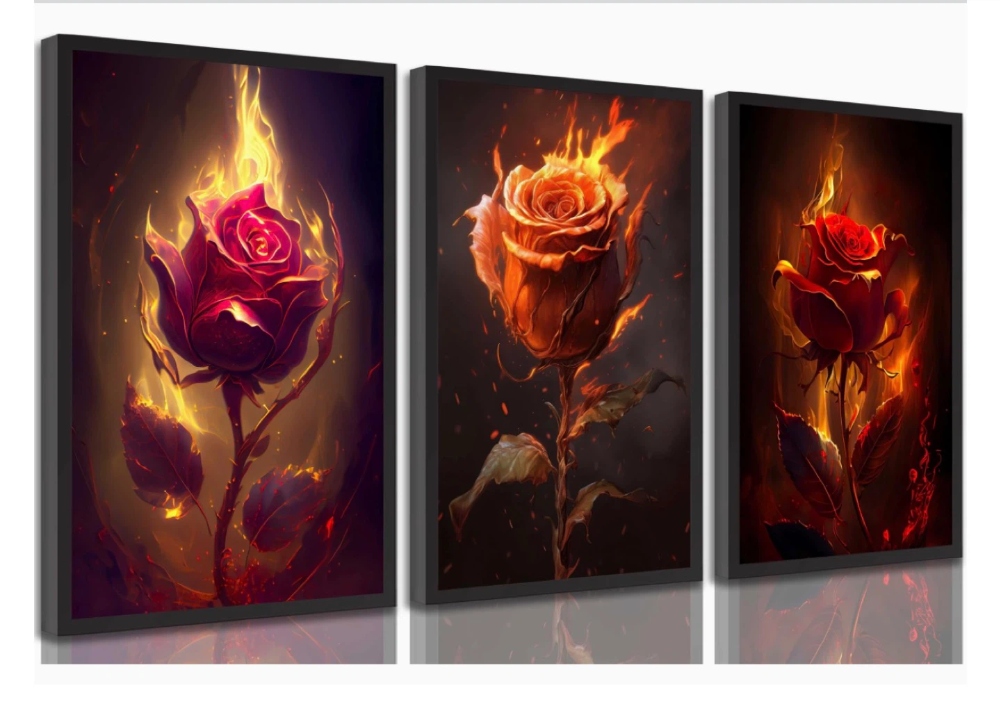 Set of 3 Flaming Rose Wall Art Canvases