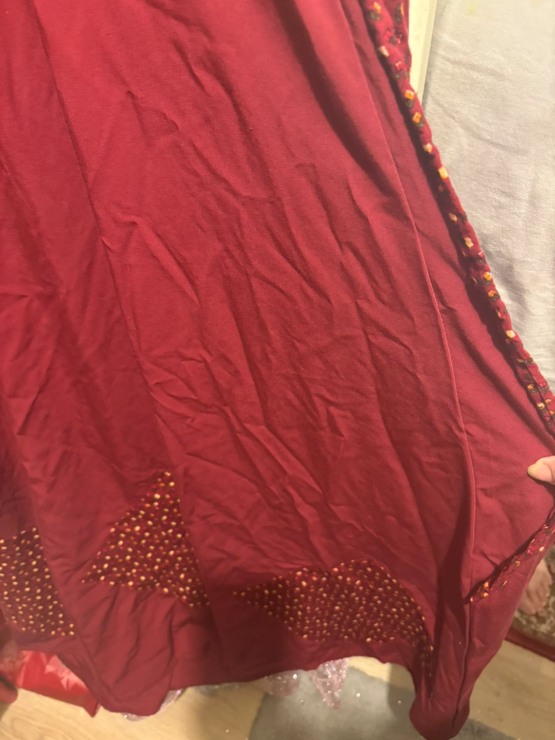 Maroon Dress with Floral Print and Coin Embellishments - photo 2