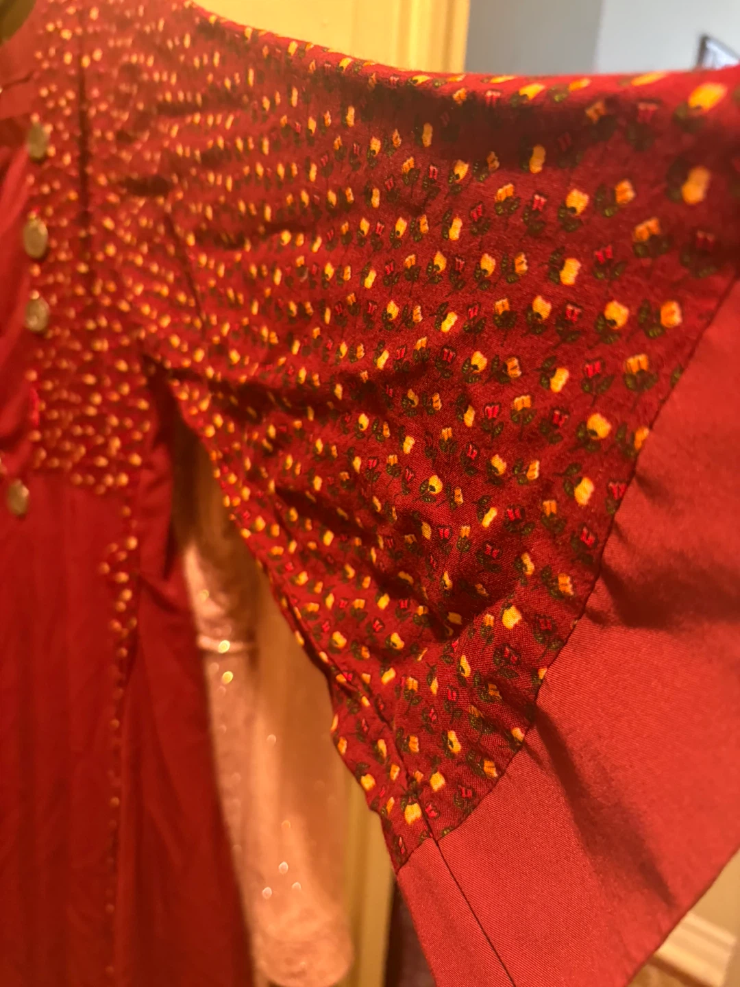 Maroon Dress with Floral Print and Coin Embellishments - photo 3