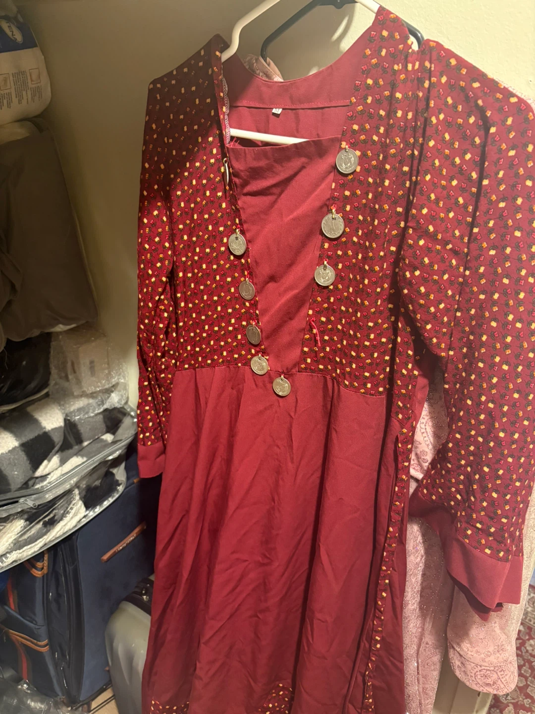 Maroon Dress with Floral Print and Coin Embellishments