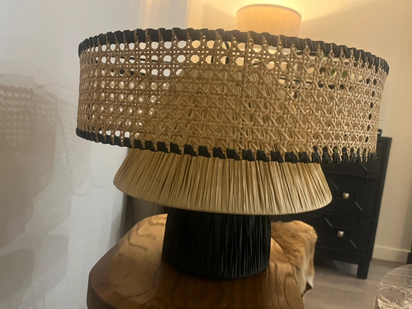 Woven Lamp Shade with Rattan and Black Accents