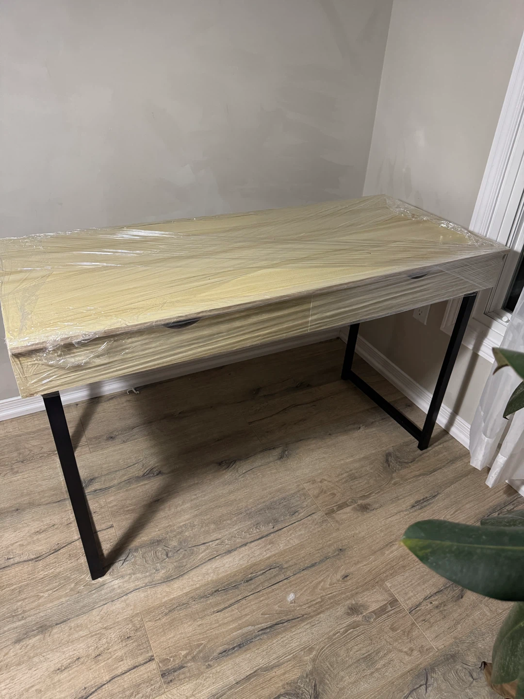 Light Wood Desk with Black Metal Legs