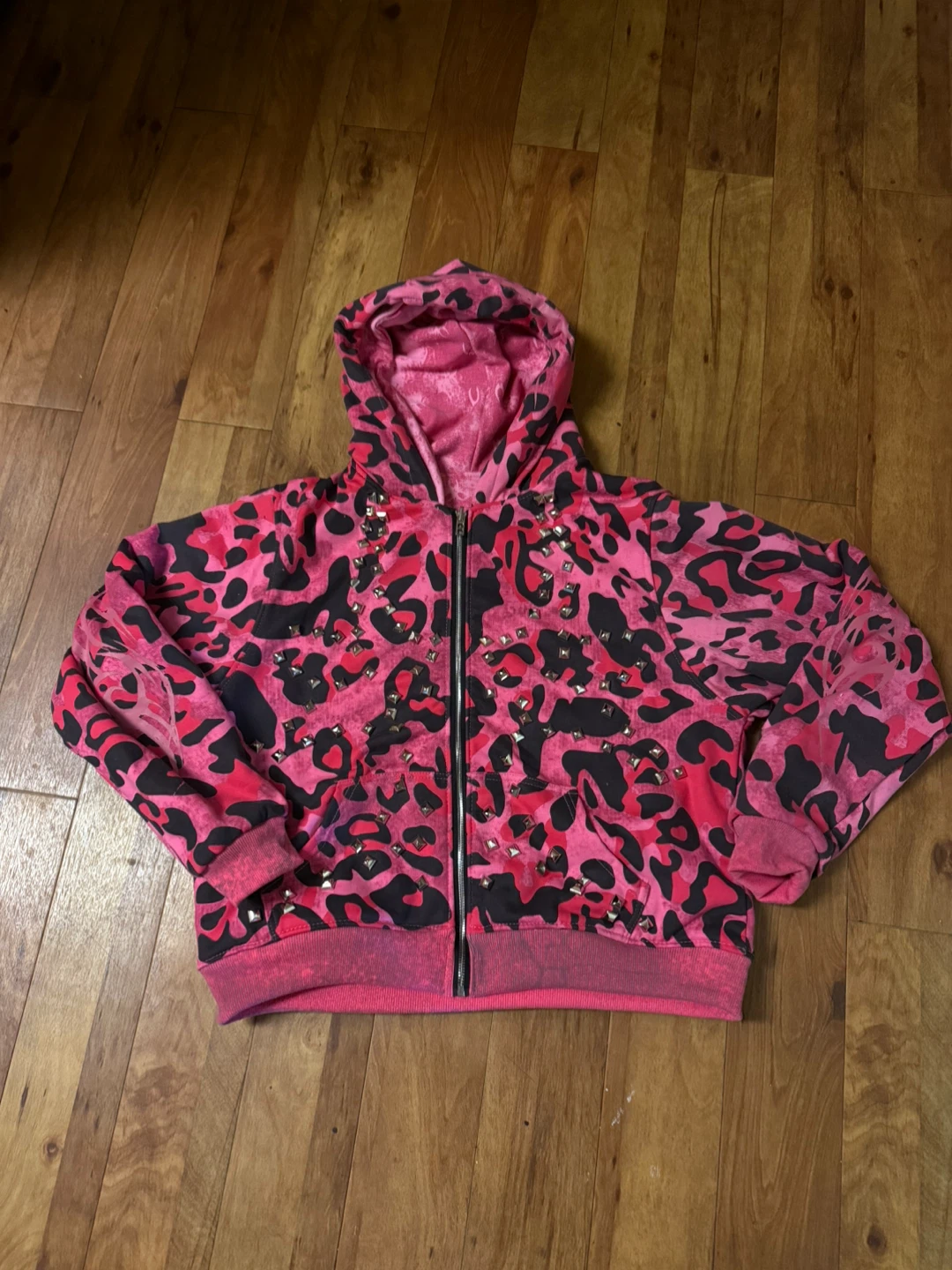 Pink Leopard reversible Studded Hoodie