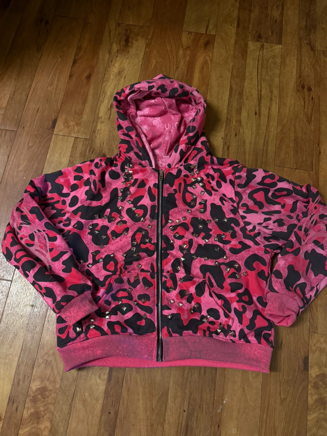 Pink Leopard reversible Studded Hoodie - photo 2