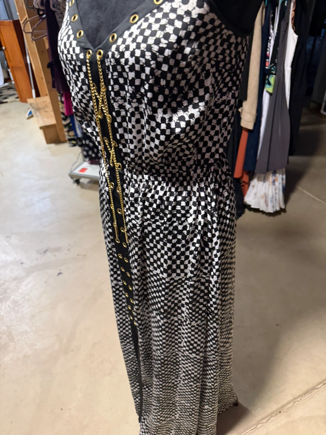 Black and White Checkerboard Maxi Dress with Gold Chain Detail - photo 2