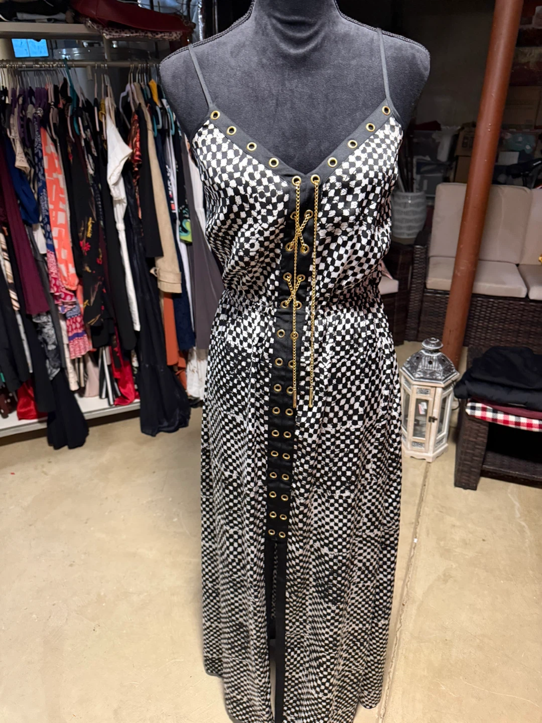 Black and White Checkerboard Maxi Dress with Gold Chain Detail - photo 3