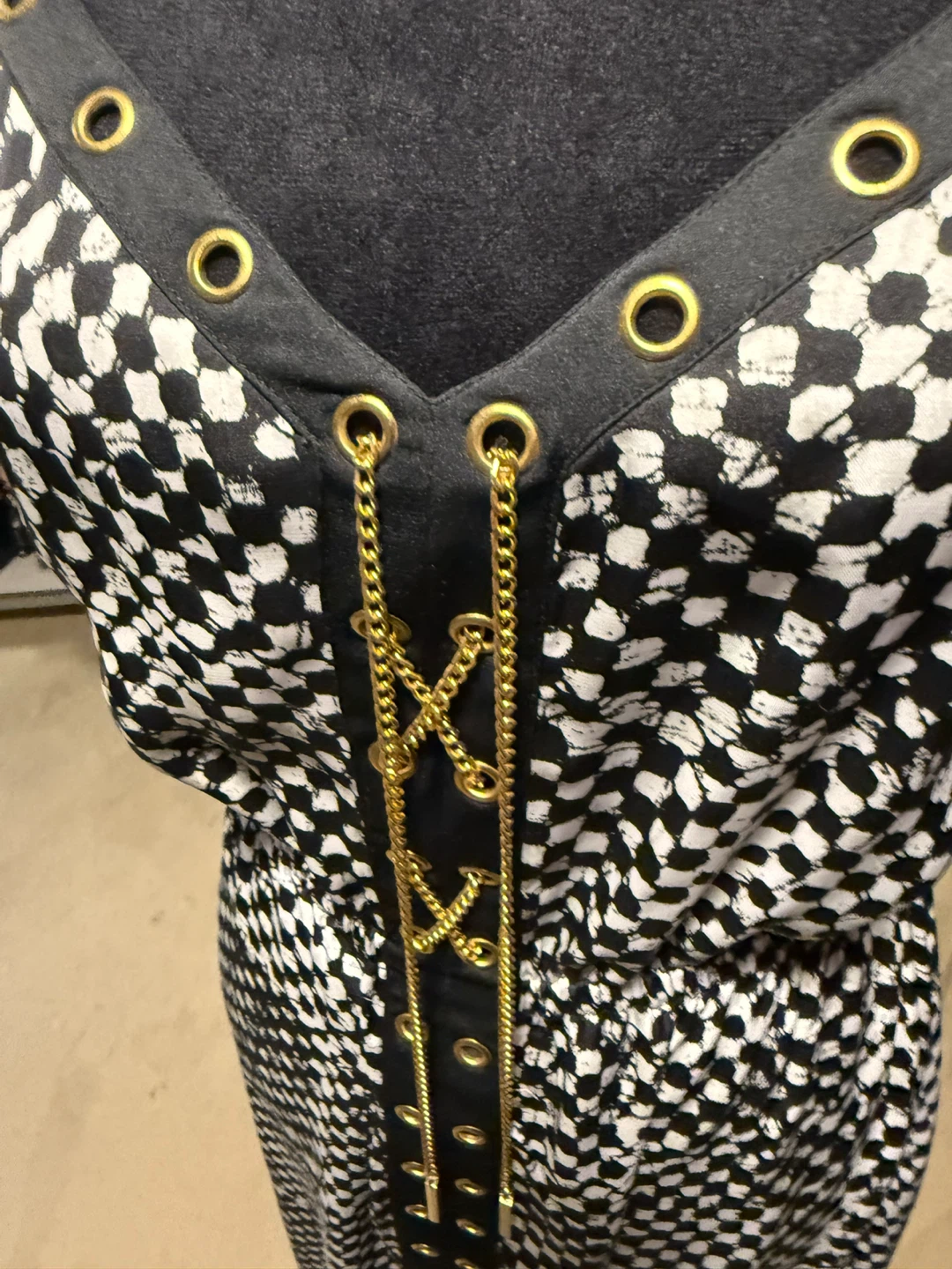 Black and White Checkerboard Maxi Dress with Gold Chain Detail - photo 4
