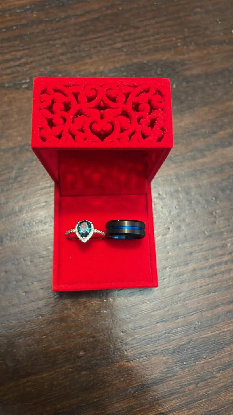 Pear Cut Gemstone Ring and Blue Line Band Set