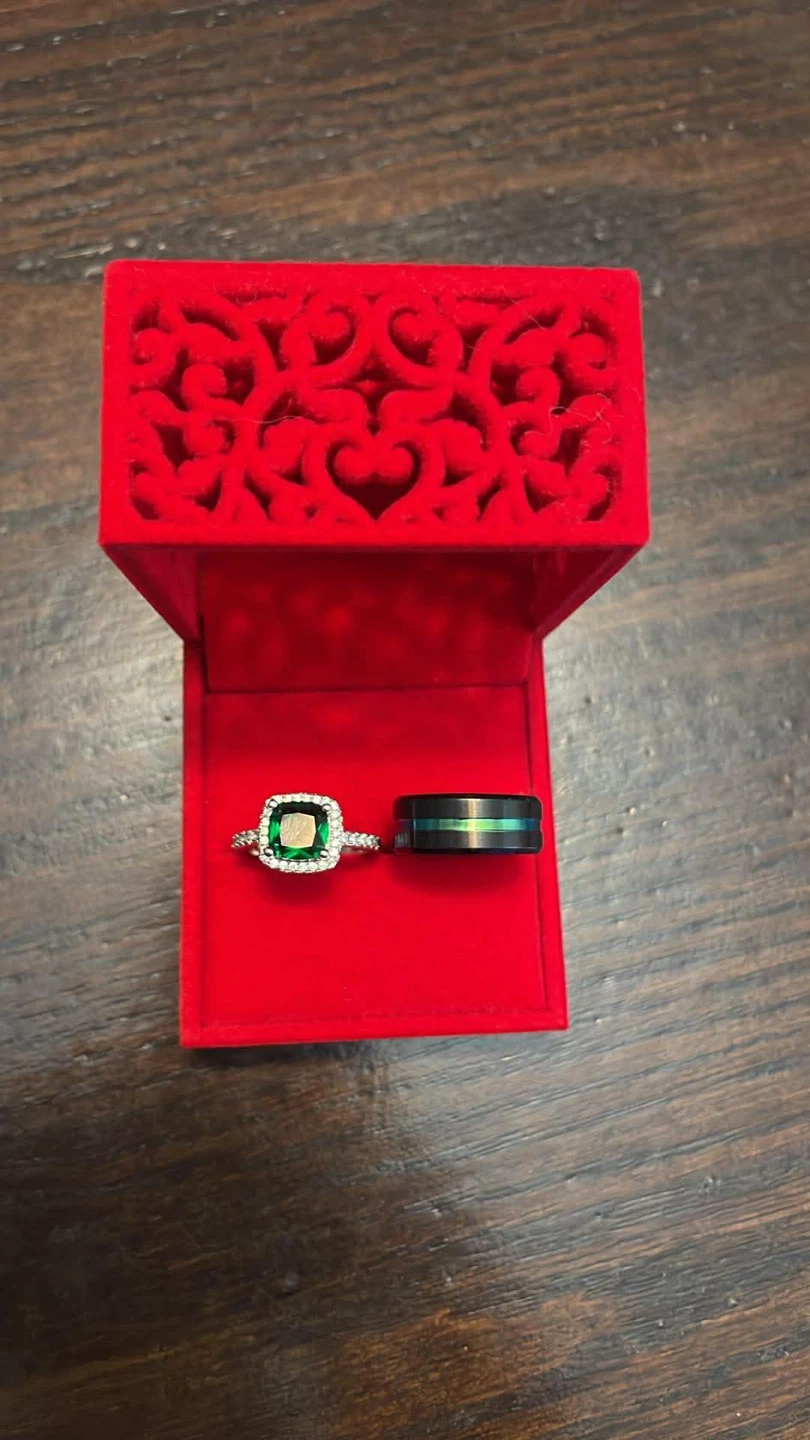 Couple's Ring Set with Green Stone and Black/Green Band