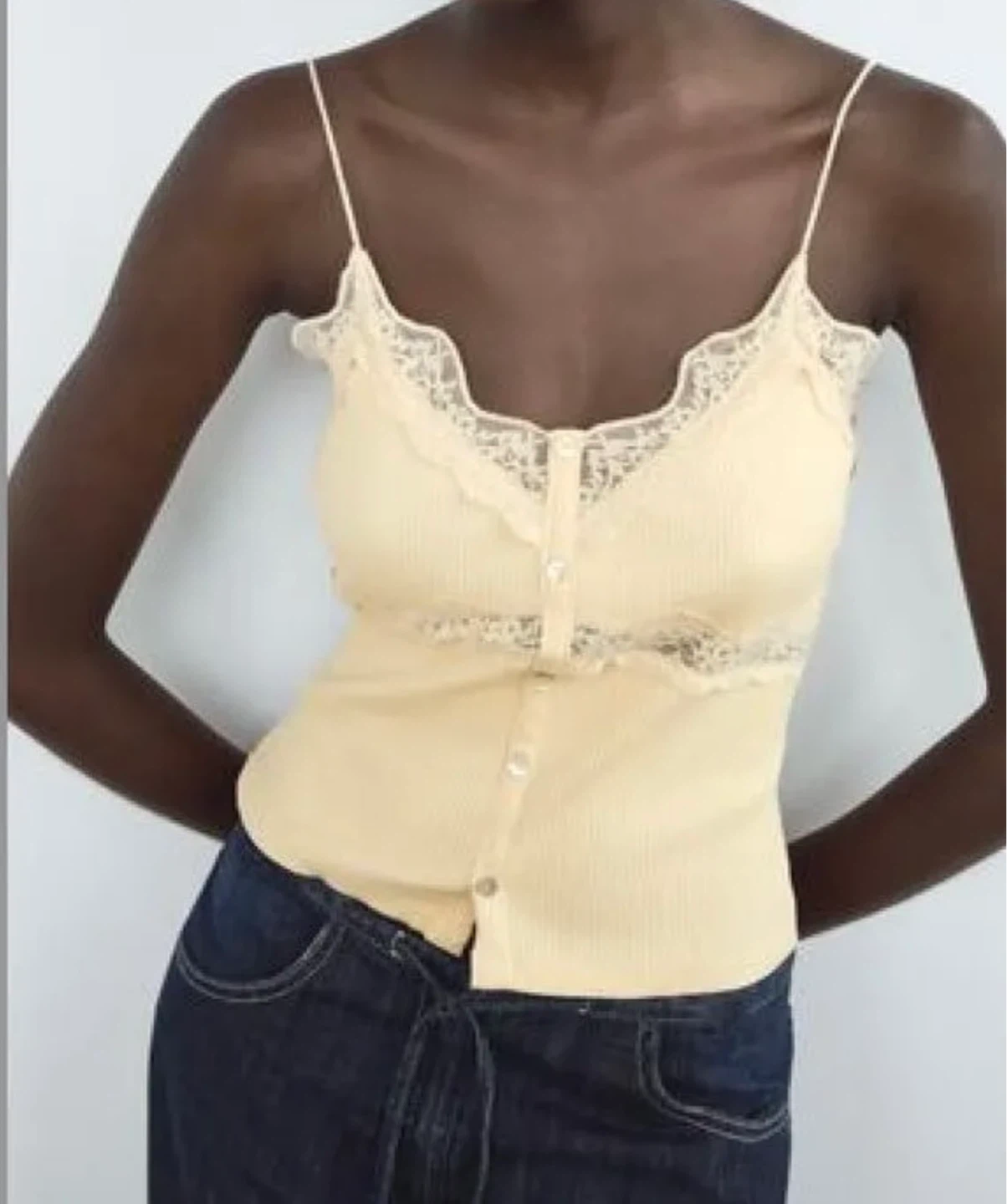 Zara Yellow Lace Trim Ribbed Tank Top - Size L