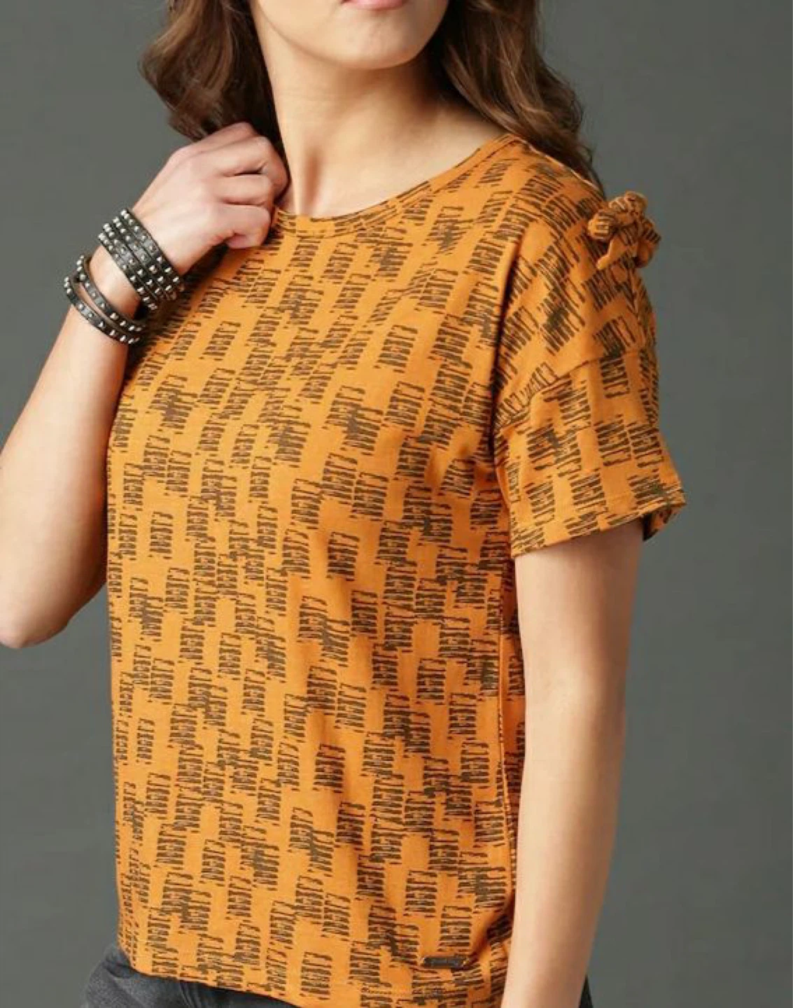 Orange Graphic Print T-Shirt with Ruffle Sleeves