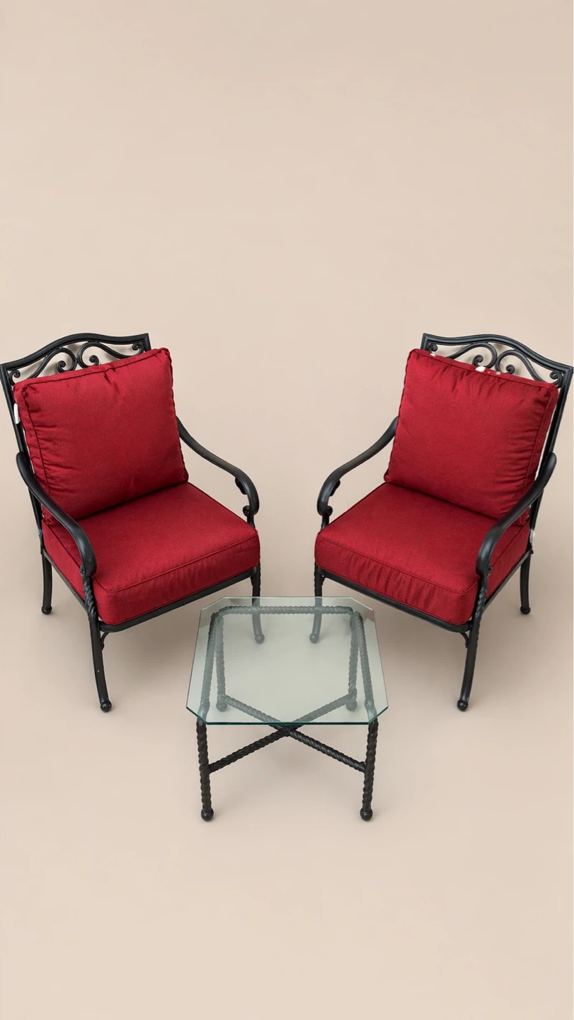 Set of 2 Black Metal Chairs with Red Cushions and Glass Table